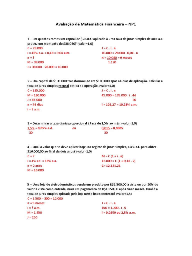 Avaliação de Matemática Financeira NP1 - Gabarito | PDF | Juros ...
