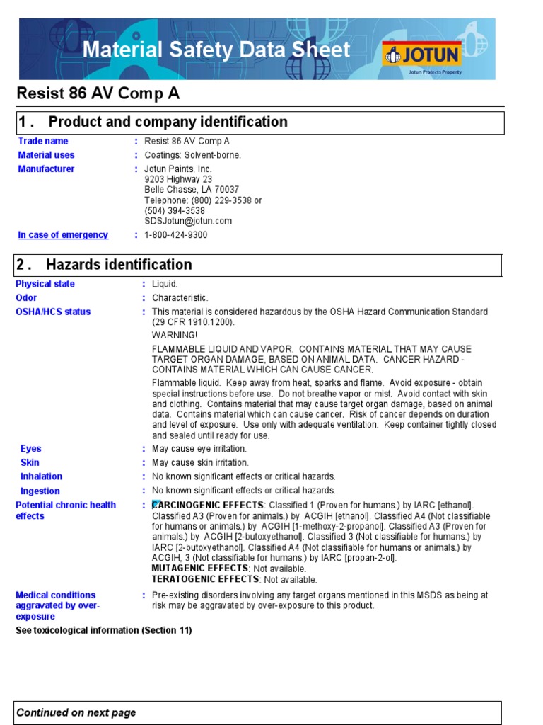 Resist 86 AV Msds Comp A Waste Personal Protective Equipment