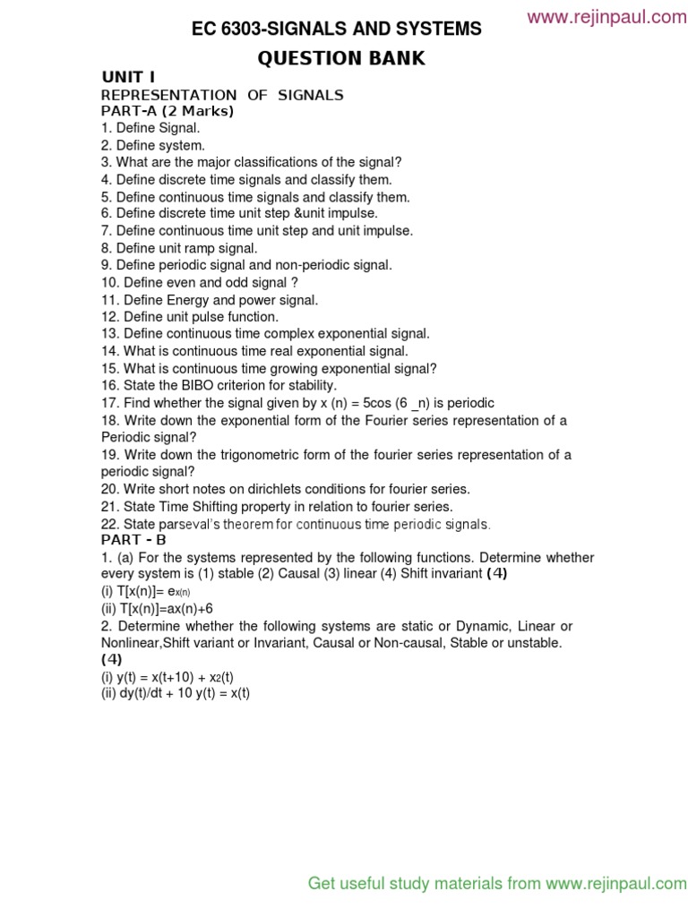 Signals and Systems Question Bank | PDF | Laplace Transform | Fourier ...