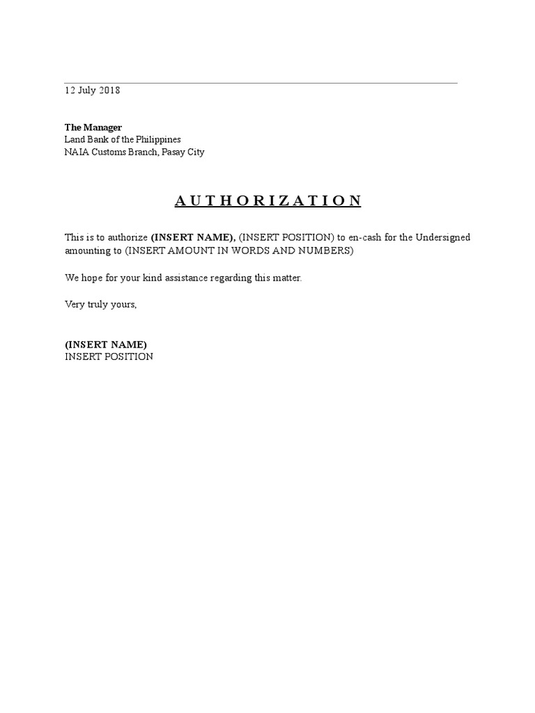 authorization letter to encash check | Finance (General)
