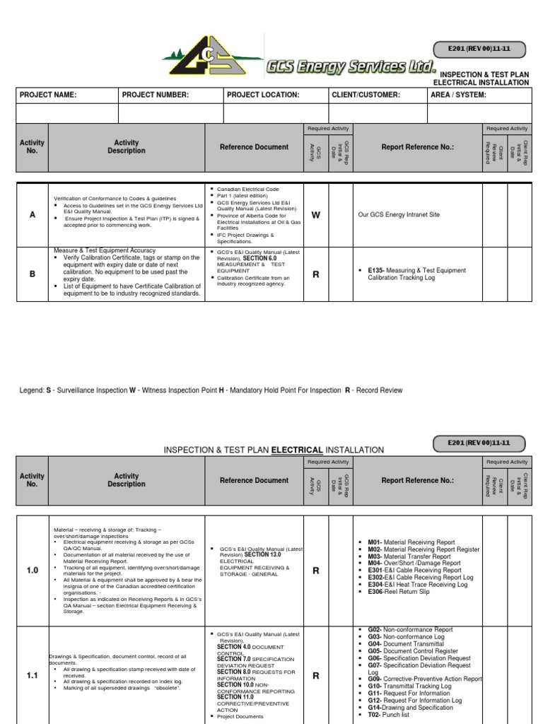 E201 - Elec Inspection Test Plan Template Rev 00 11.11 | PDF | Battery ...