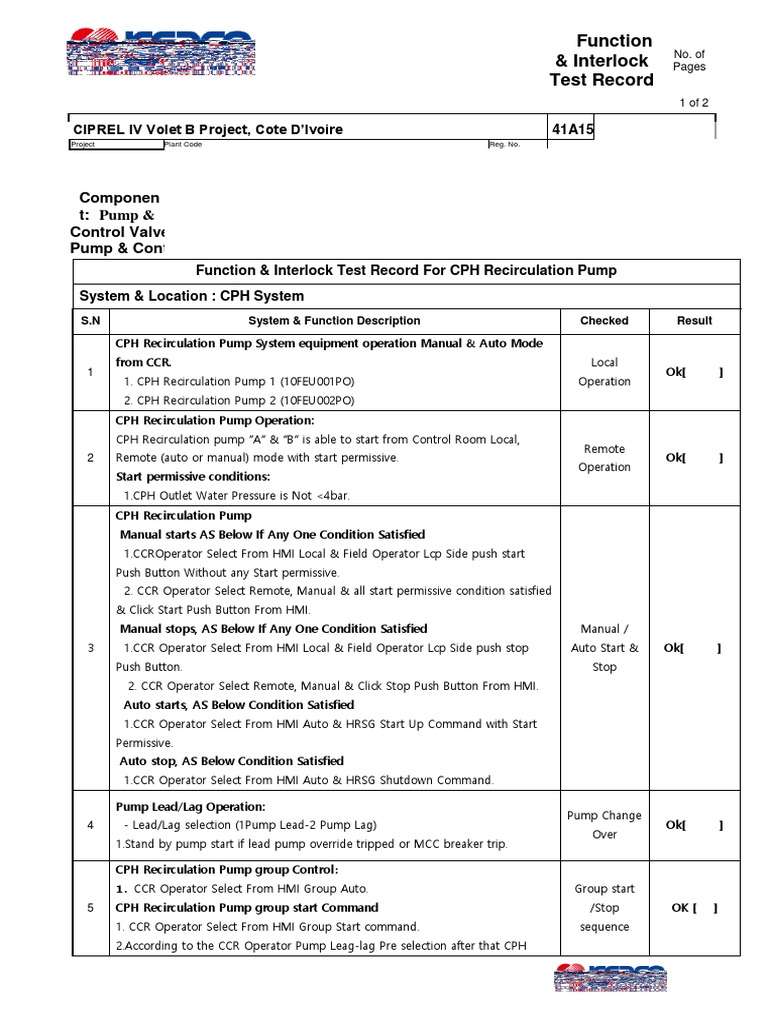41A15 Function & Interlock Test Record Sheet for HRSG Tag 10- CPH ...