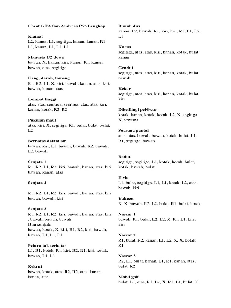 Cheat Bunuh Diri GTA San Andreas PS2 | PDF