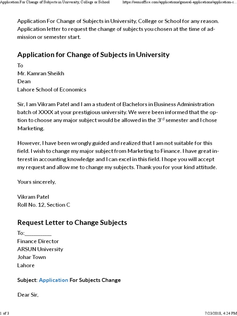 Application For Change of Subjects in University, College or School