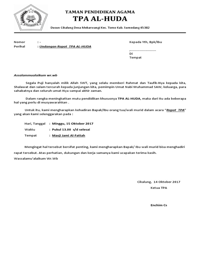 Contoh Undangan Wali Murid