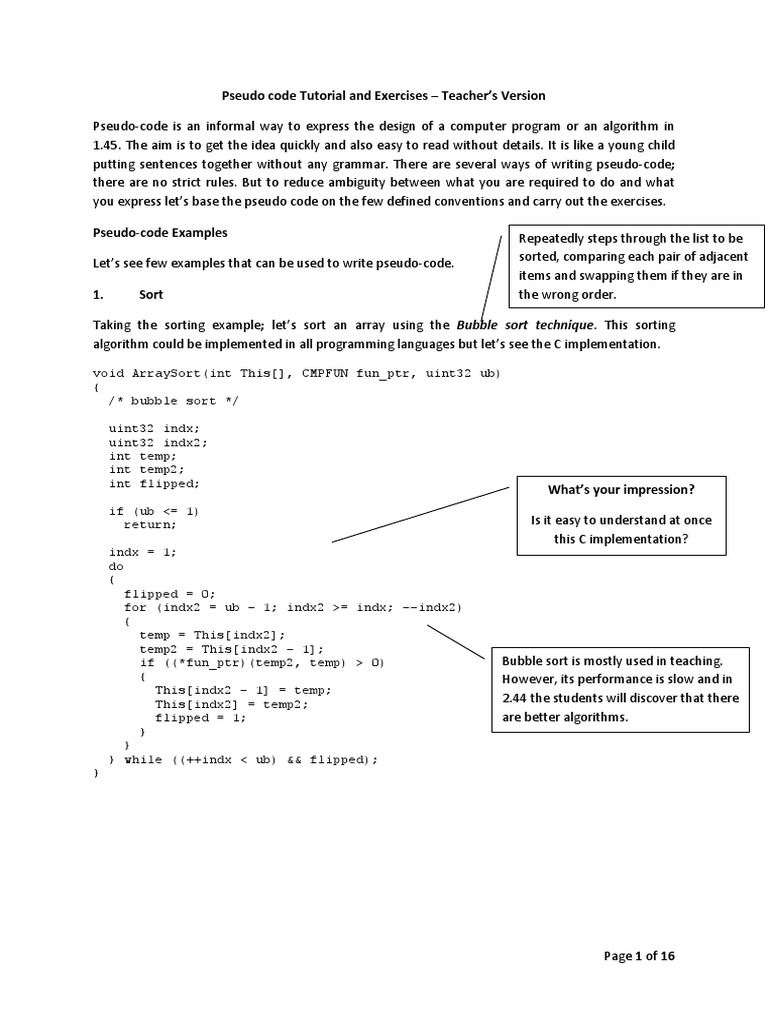 Pseudo code Tutorial and Exercises – Teacher’s Version | Array Data ...