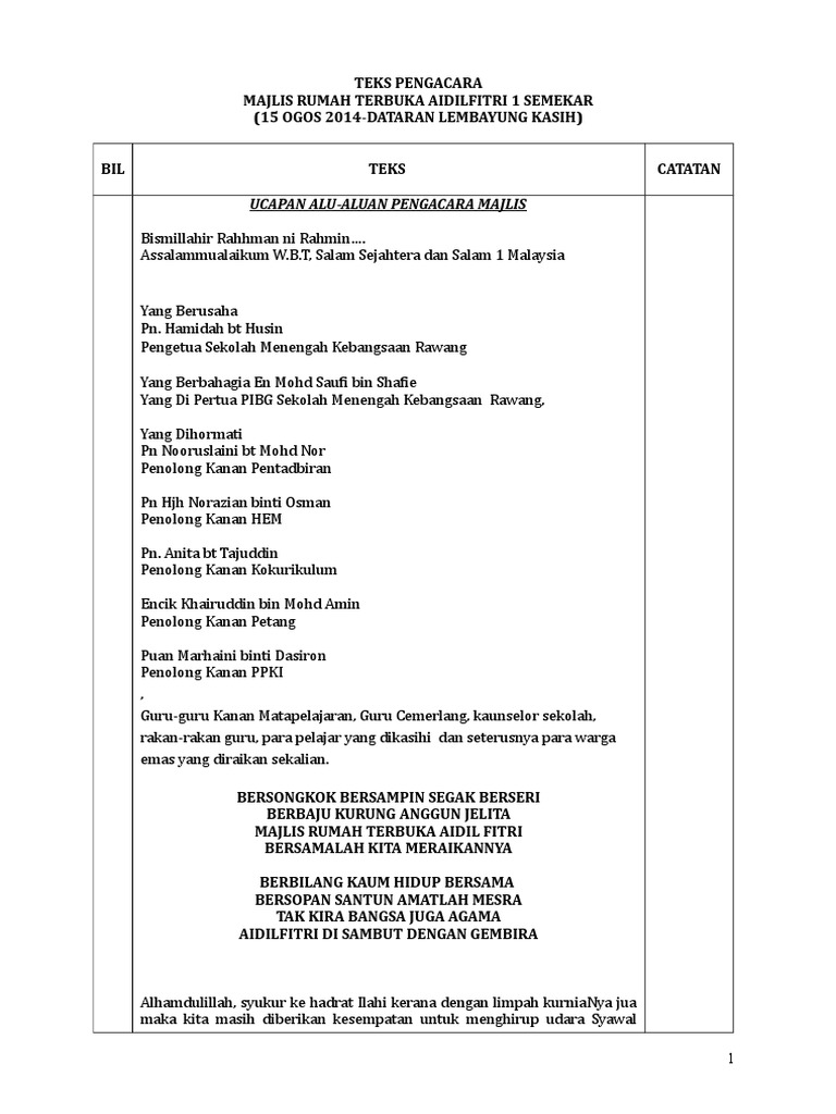 Teks Pengacara Majlis Rumah Terbuka Aidilfitri 1 Semekar 150814
