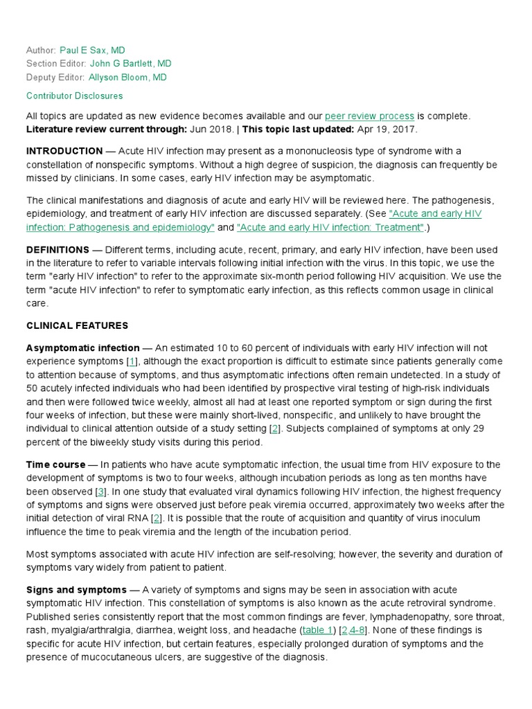 Acute and Early HIV Infection Clinical Manifestations and Diagnosis UpToDate PDF Diagnosis