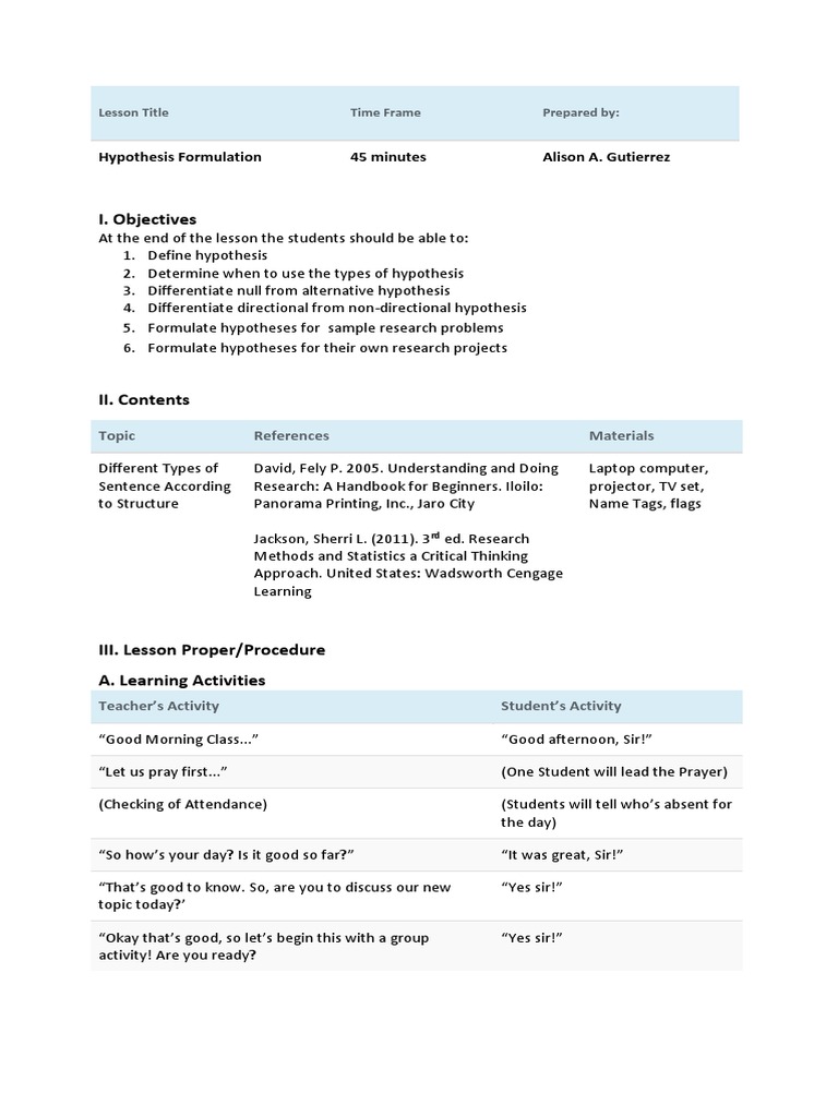 Detailed Lesson Plan Pdf Null Hypothesis Hypothesis
