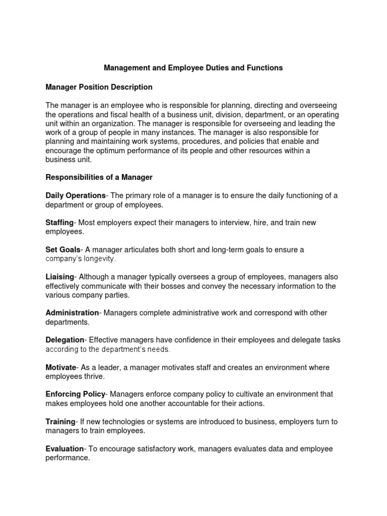 Management and Employee Duties and Functions | PDF | Trade Union ...