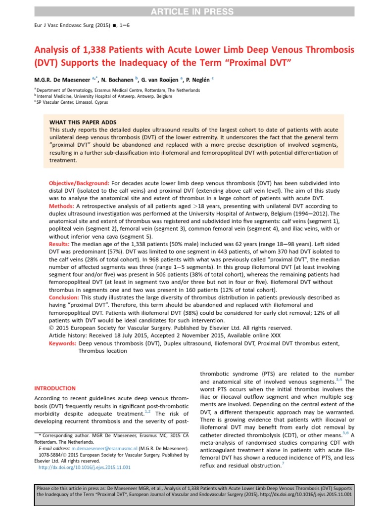 Analysis of 1,338 Patients With Acute Lower Limb Deep Venous Thrombosis ...