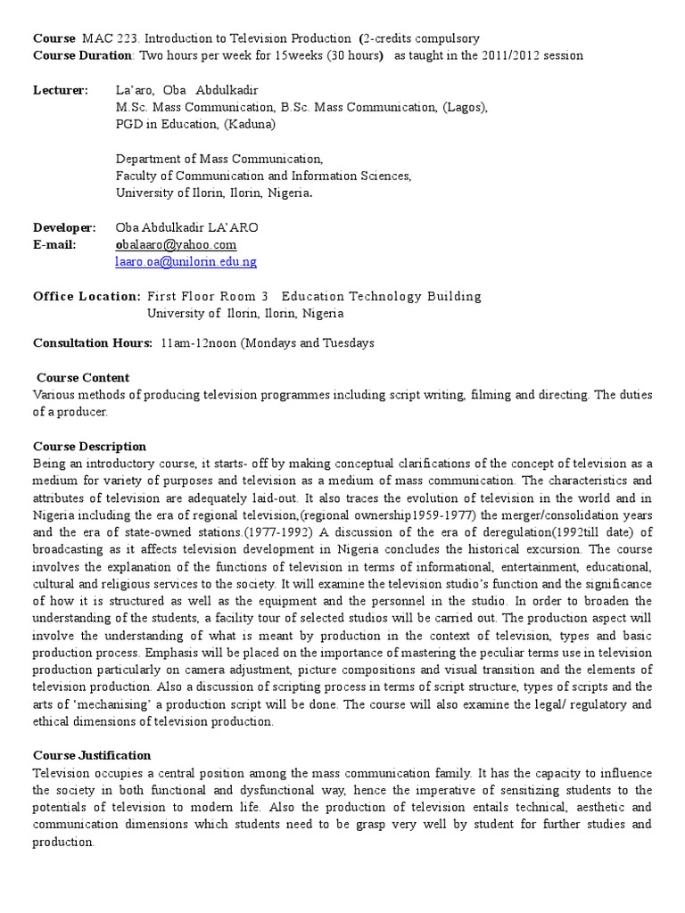 Mac 223 Introduction To Television Production PDF Television Studio