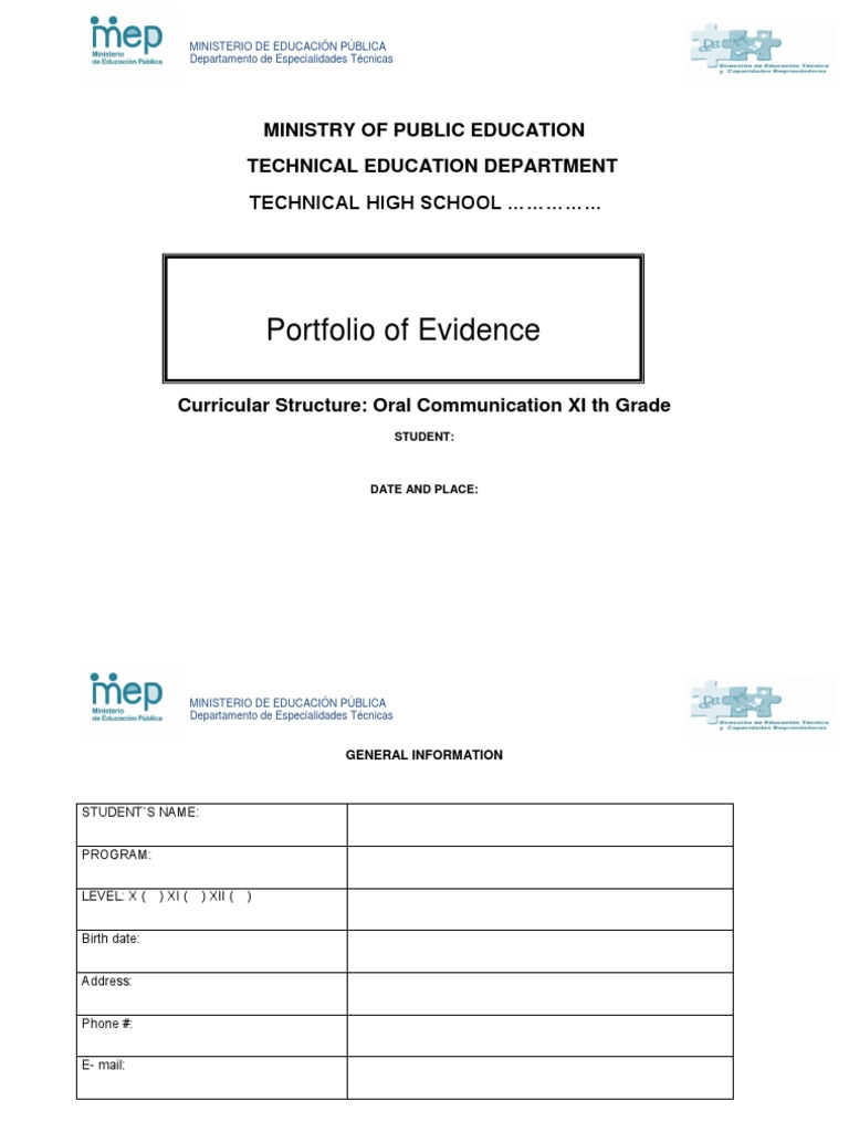 Portfolio of Evidence Ministry of Public Education Technical Education