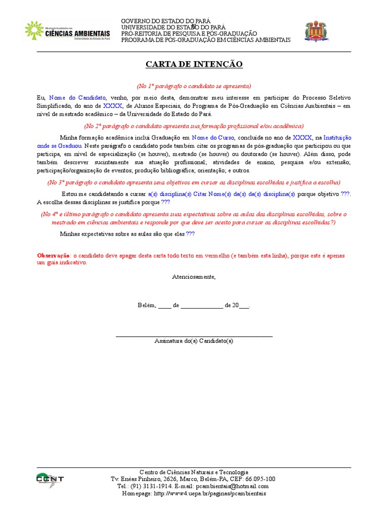 Modelo Carta Intencao | PDF | Pós-graduação | Mestrado