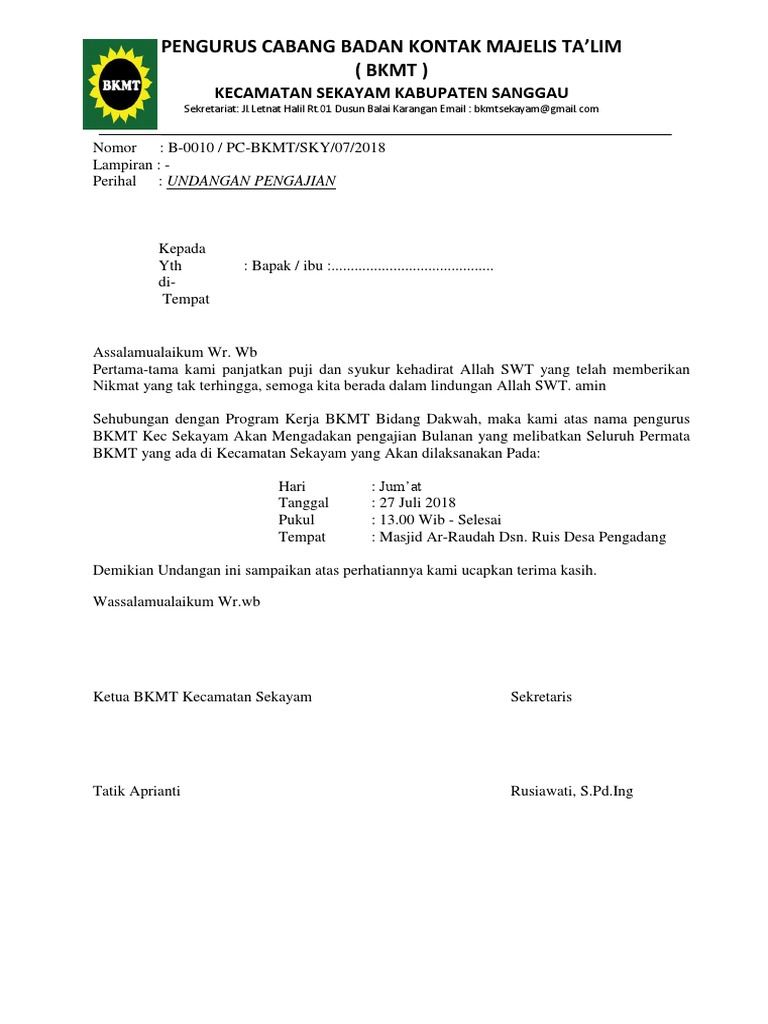 Contoh Surat Undangan Majelis Taklim