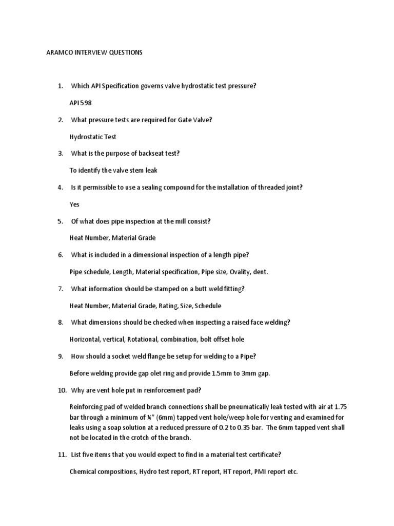 ARAMCO Piping Interview Questions Guide | PDF | Pipe (Fluid Conveyance ...