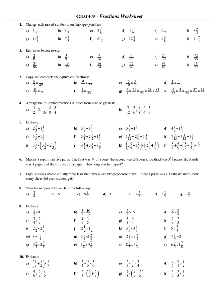 Grade 9 Fractions Worksheets