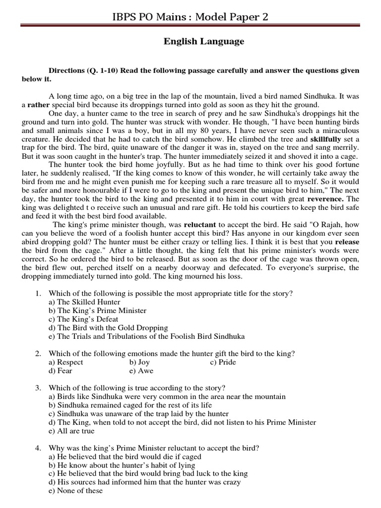 Model Paper 2 For IBPS PO Mains | PDF | Hunting | Prices