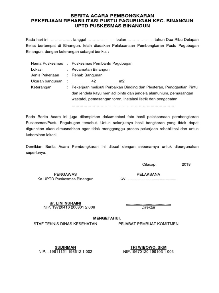 Ba Pembongkaran Rehab Pustu Berita Acara Serah Terima Tanah Dan Bangunan.