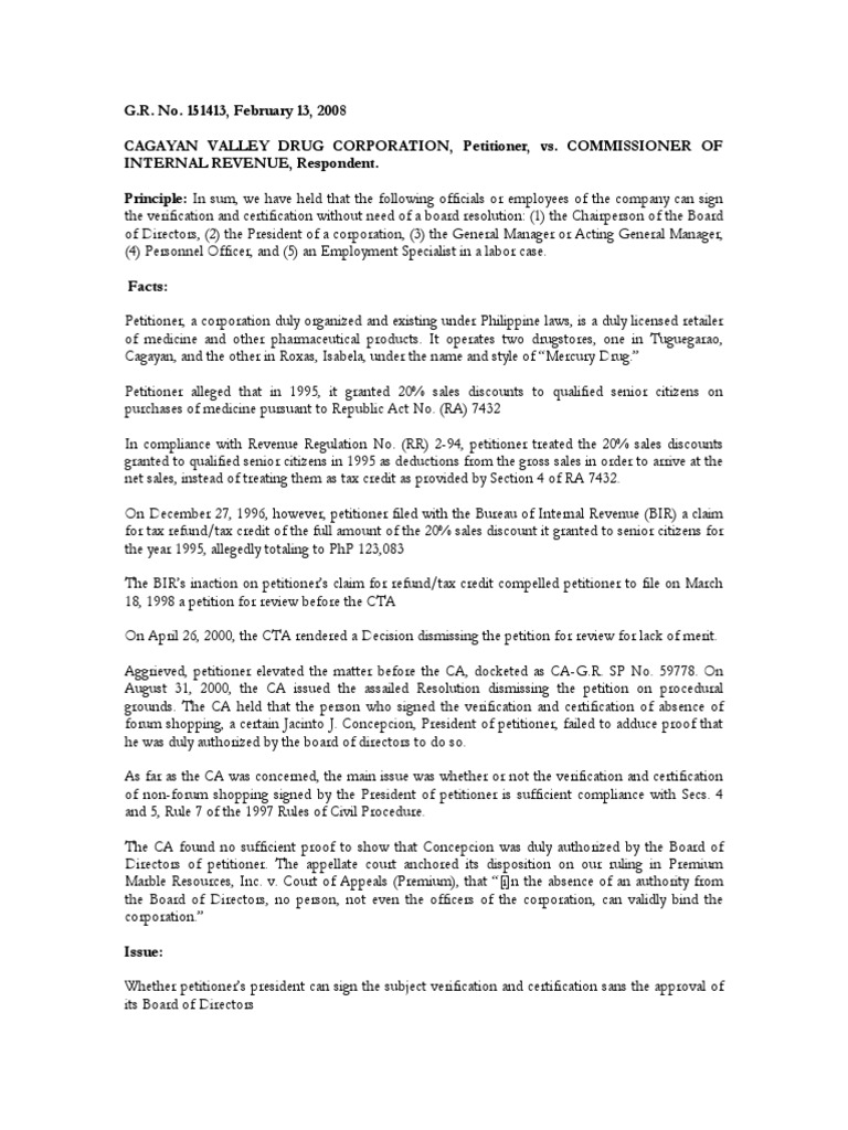 CAGAYAN VALLEY DRUG CORPORATION vs. CIR PDF Board Of Directors Employment