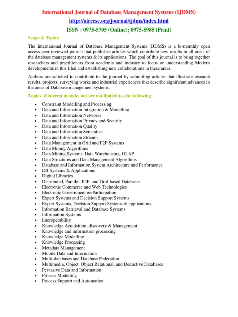 International Journal of Database Management Systems (IJDMS) | PDF ...