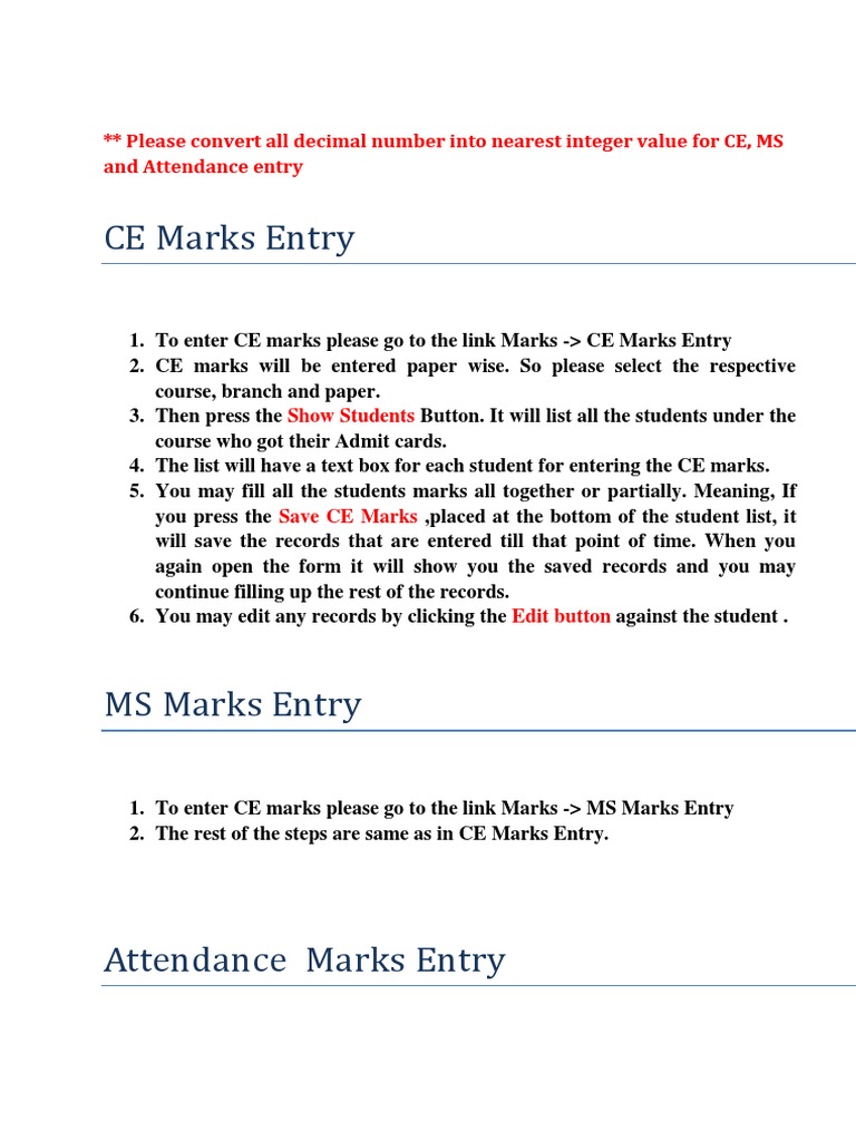 CE, MS, and Attendance Marks Entry Guide | PDF