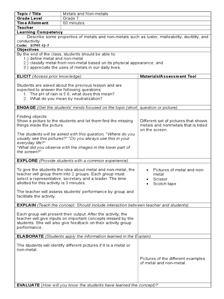 Lesson Plan 7E's - Metals and Non-metals.doc | Teachers | Metals