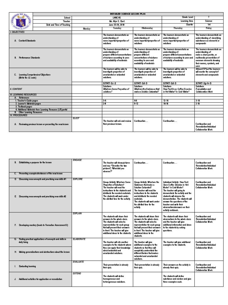 Lesson Plan 7e's - Metals and Non-Metals | PDF | Solution | Learning