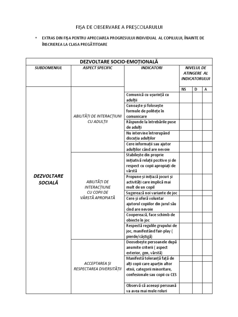 FiÈa De Observare A PreÈcolarului