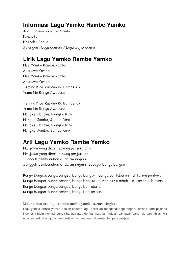 Lirik Lagu Yamko Rambe Yamko - Terkini Banget