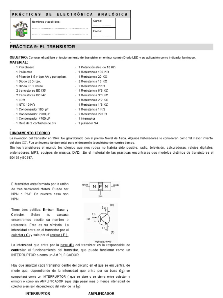 Práctica El Transistor | Descargar gratis PDF | Transistor | Diodo ...