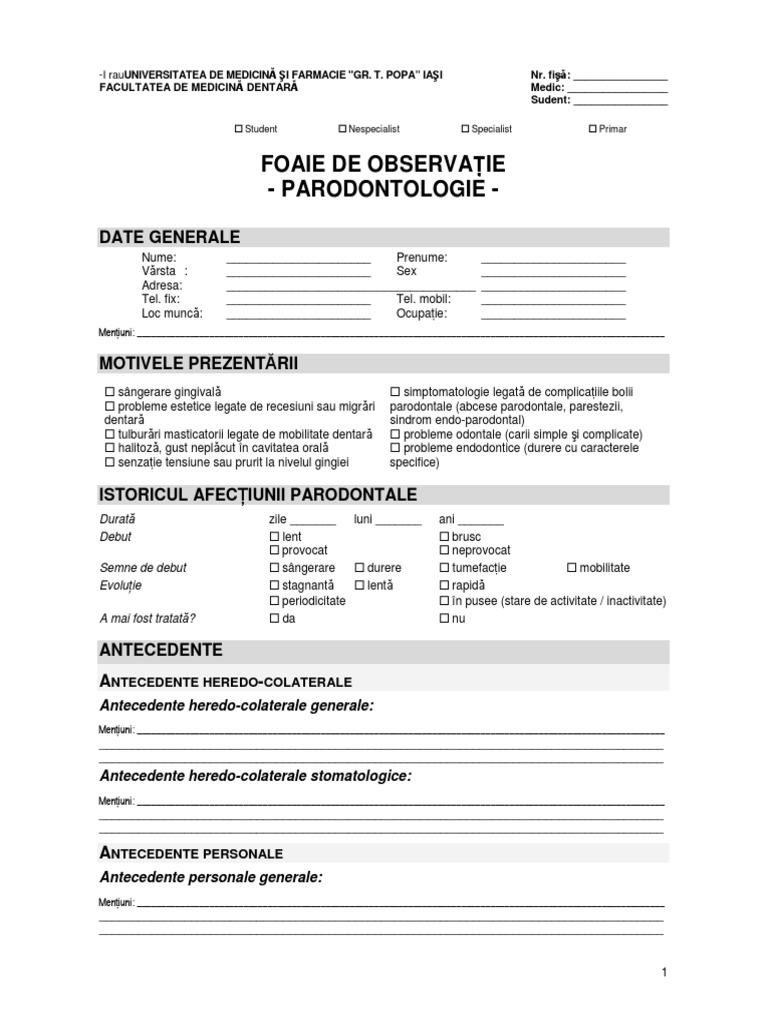 Fisa Observatie Parodontologie PDF | PDF