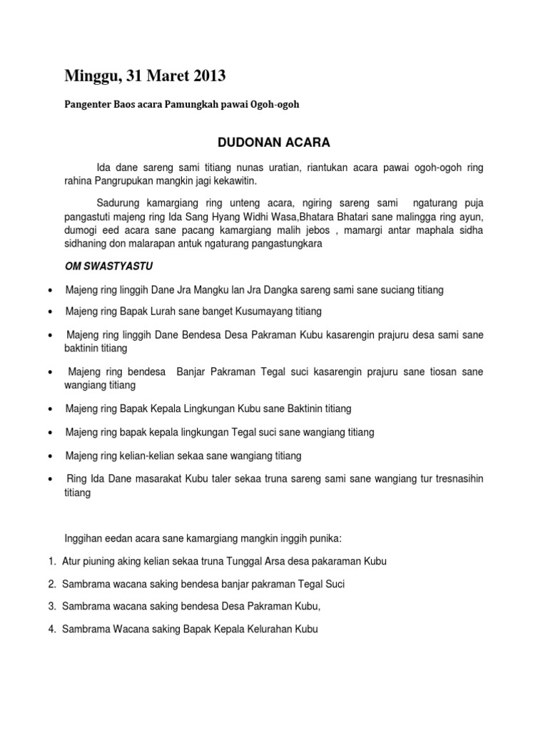 Contoh Teks Pangenter Acara Bahasa Bali Berbagai Teks