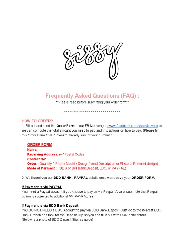 SISSY PH - Frequently Asked Questions (FAQ) : PDF | PDF | Pay Pal | Metro  Manila