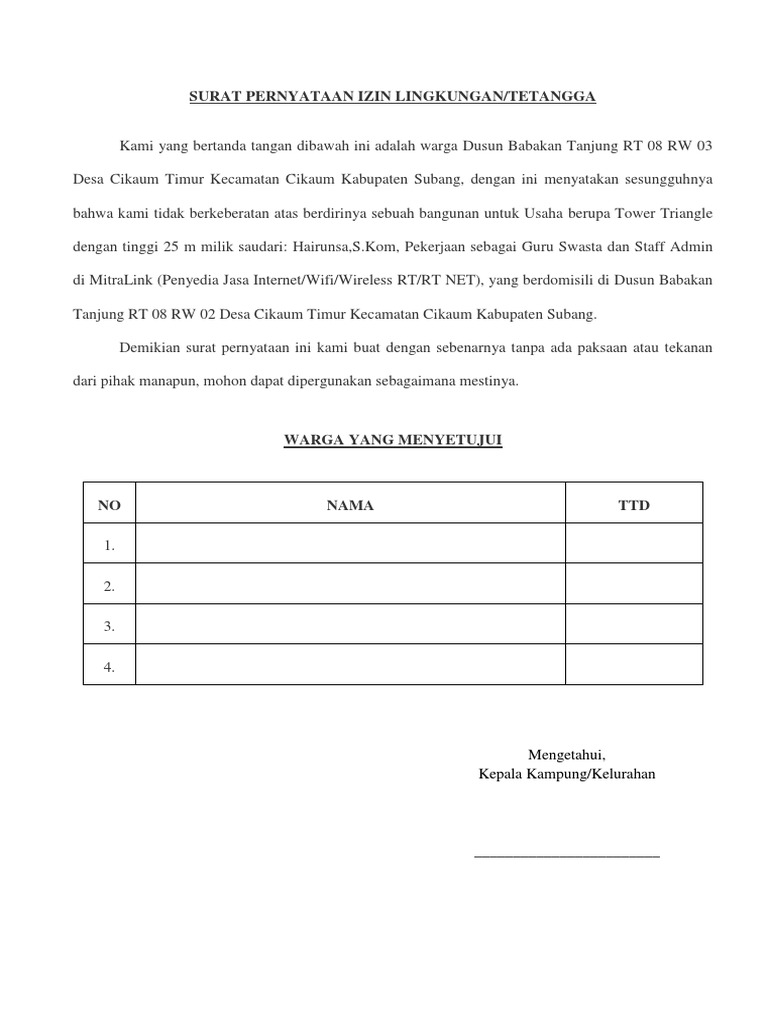 Surat Pernyataan Izin Lingkungan Tower SURAT PERNYATAAN KEBERADAAN DAN PENYELENGGARAAN LEMBAGA.
