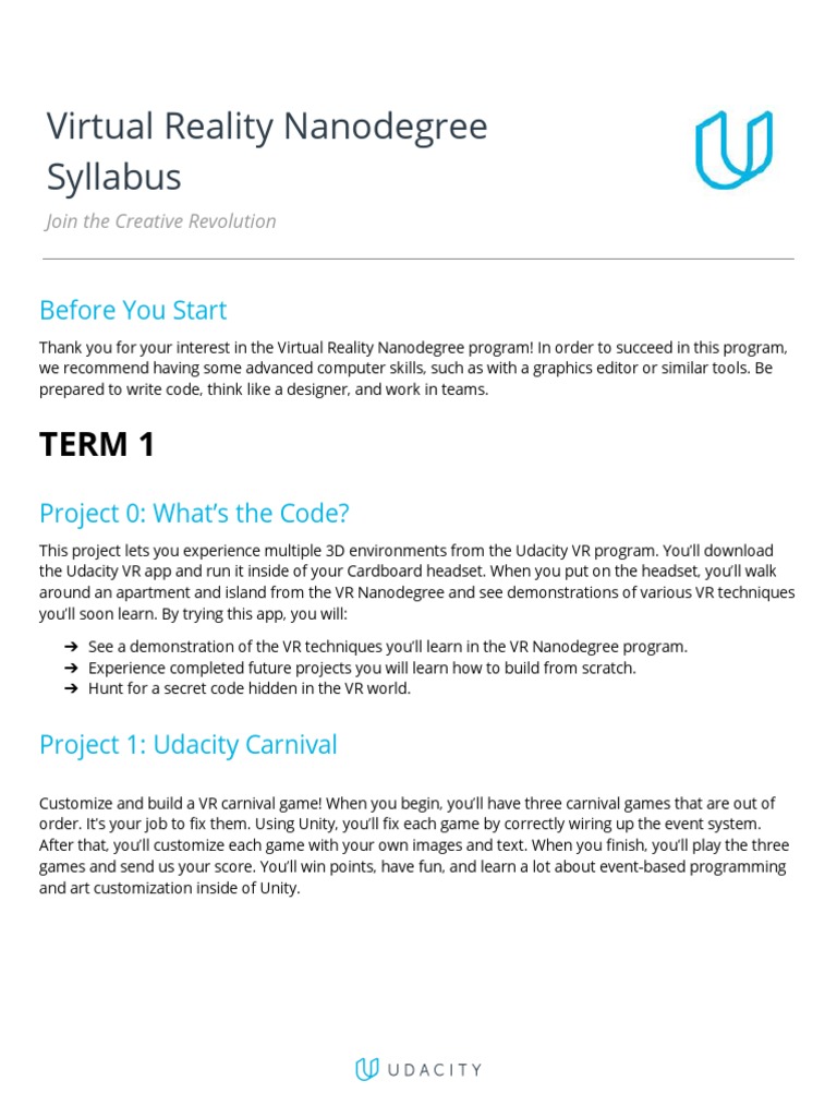 Virtual Reality Nanodegree Syllabus: TERM 1 | PDF | Human–Computer ...