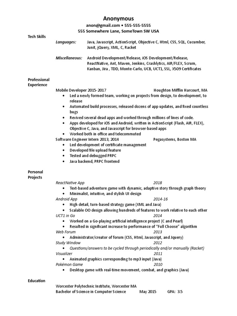 Tech Resume for Mobile Developer | PDF | Java Script | J Query