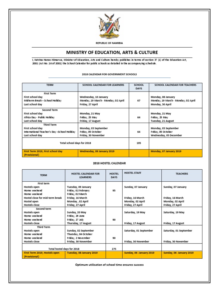School Calendar 2025 Namibia Charo DeeDee