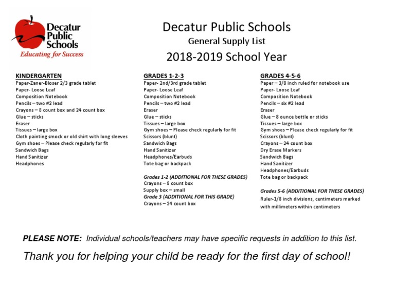 DPS Supply List 18-19 | PDF | Consumer Goods | Conservation And