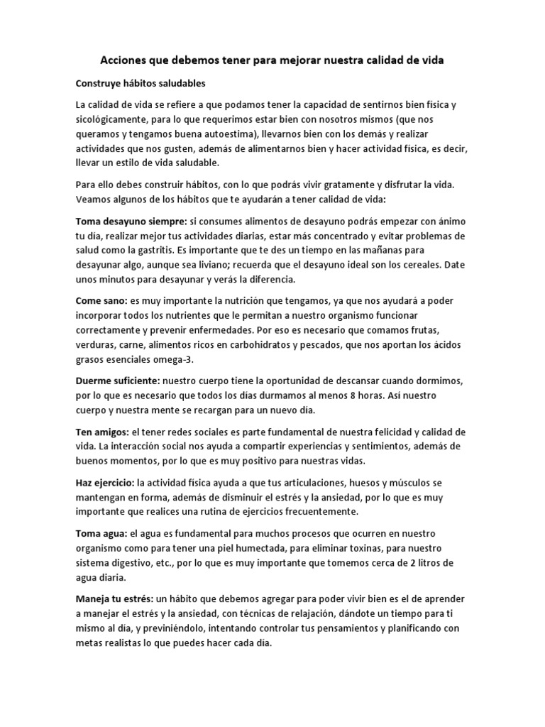Acciones Que Debemos Tener para Mejorar Nuestra Calidad de Vida | PDF ...