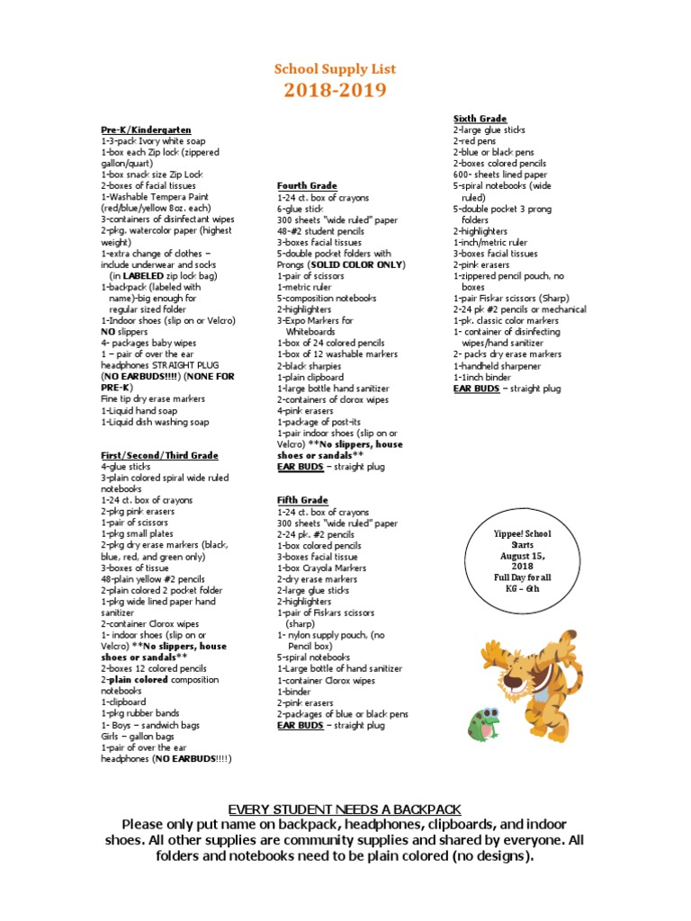 School Supply List PreK/Kindergarten Sixth Grade PDF Pencil Art