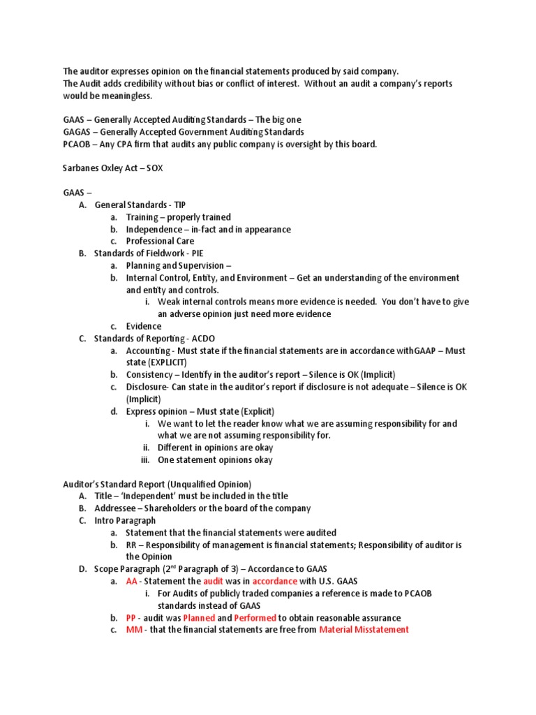 Audit 1 Notes | PDF | Financial Audit | Auditor's Report