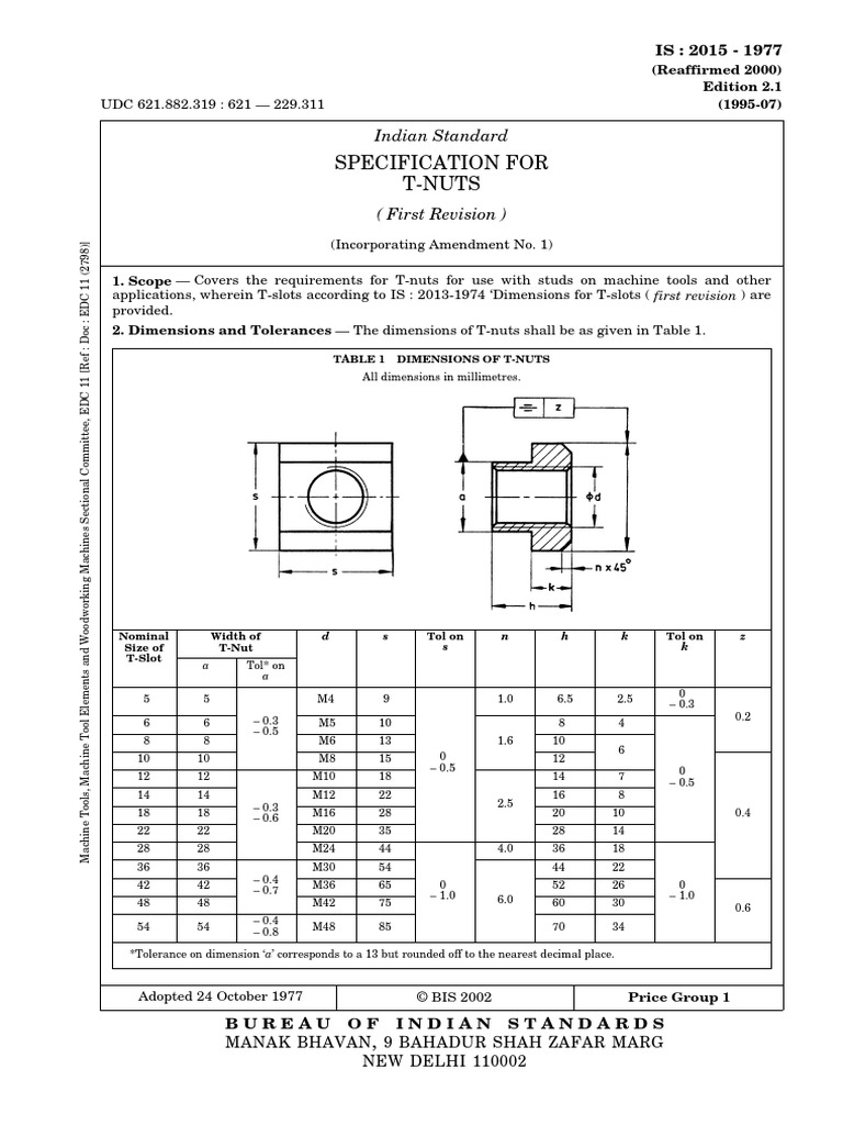 Specification For TNuts Indian Standard