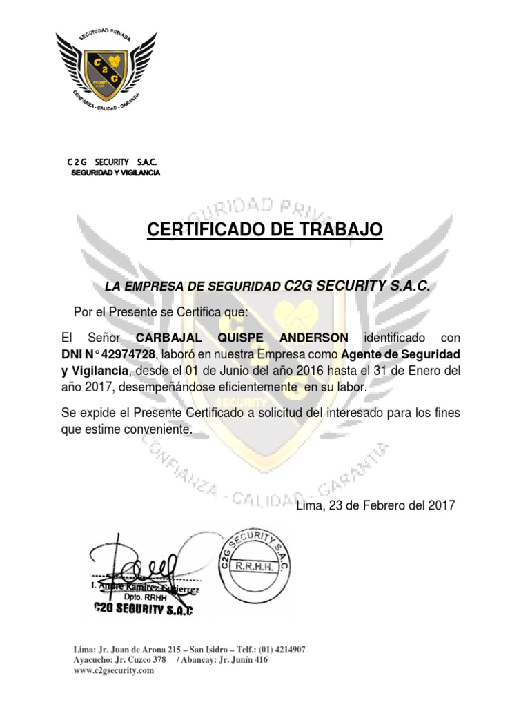 Certificado de Trabajo c2g | PDF