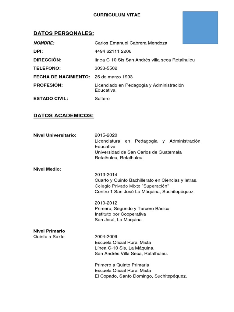 Curriculum Vitae Ejemplo Guatemala Plan De Estudios