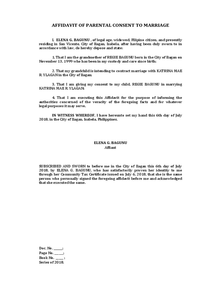 Parental Consent Affidavit for Marriage | PDF | Affidavit ...