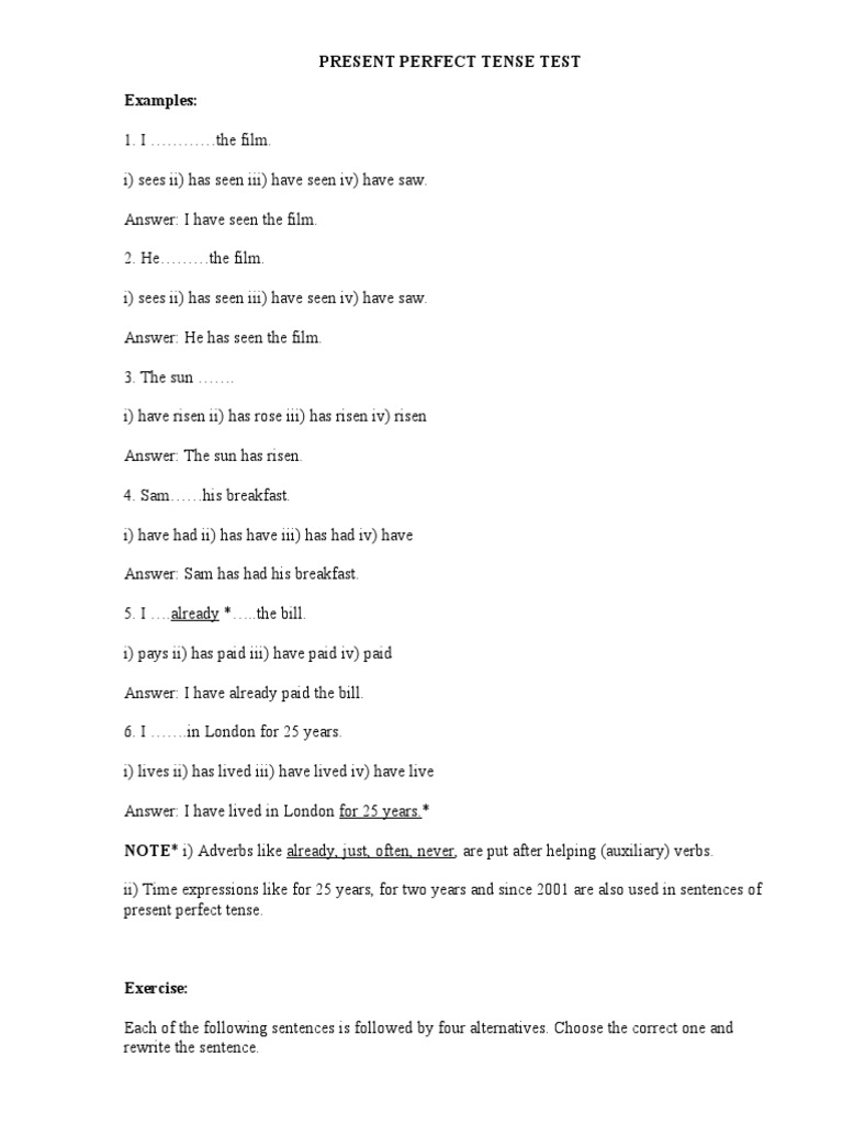 Present Perfect Tense Practice Test | PDF