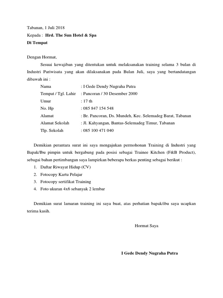 Surat Lamaran Training Smk
