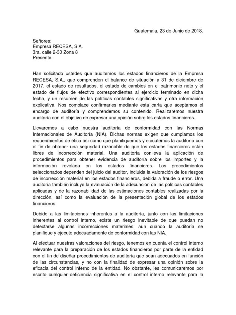 Carta de Encargo de Auditoria Auditoría Estado financiero