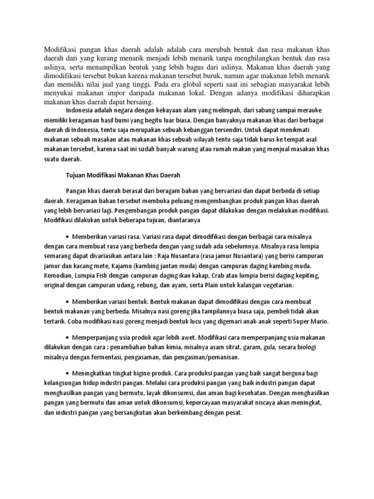 Modifikasi Pangan Khas Daerah Adalah Adalah Cara Merubah Bentuk Dan Rasa Makanan Khas Daerah Dari Yang Kurang Menarik Menjadi Lebih Menarik Tanpa Menghilangkan Bentuk Dan Rasa Aslinya Pdf